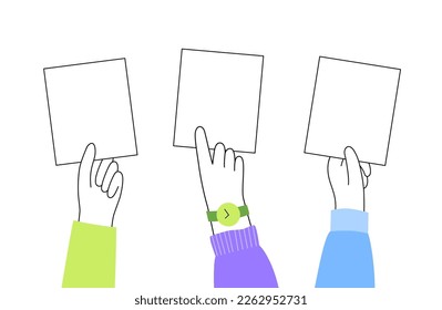 Hands with empty banner. Social protest or meeting. Crowd with posters. People participate in picket. Public strike with blank white paper. Activism or revolution concept flat vector illustration.