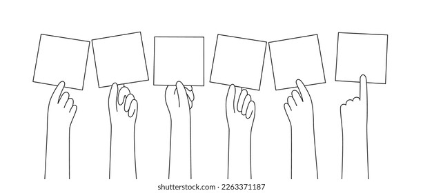 Hands with empty banner. Social protest or meeting. Crowd with posters. People participate in picket. Public strike with blank white paper. Activism or revolution concept flat vector illustration.