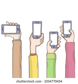 Hands with empty phone window template vector cartoon illustration over white.Mocup mobile phone isolated on a white background.