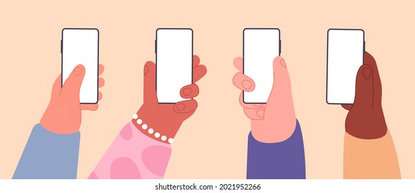 Hands with empty phones. Smartphone with blank screen in human hand. Flat network or social media, mobile device for marketing utter vector banner