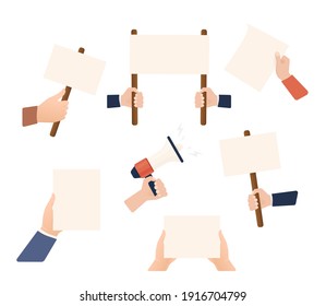 Hands with empty placard. Flat character. Vector flat design. Poster banner design. Female hand. Game sign.