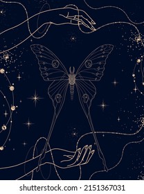hands emrace butterfly on esoteric dark background