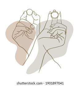 Hands of enamored people with rings drawn in one line, sketch style, vector line art illustration, stamp, poster, minimalism, wedding invitation concept