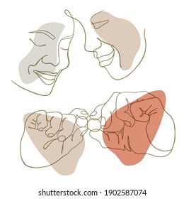 Hands of enamored people with rings drawn in one line, sketch style, vector line art illustration, stamp, poster, minimalism, wedding invitation concept