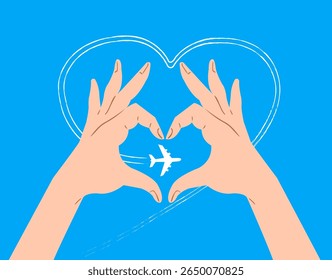 As mãos estão fechadas em um gesto do coração voando através do céu azul brilhante. Ilustração conceitual vetorial. Viagens, turismo, voos. Desenho de mãos, não IA.