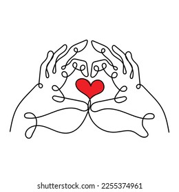 Hands enclosing heart symbol. Line art vector.