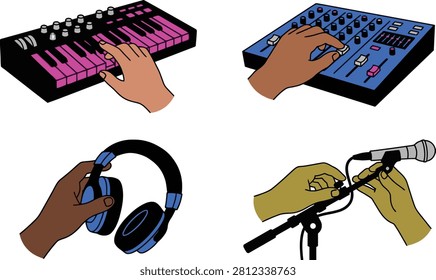 Hands engage with musical instruments and audio equipment for sound production and recording