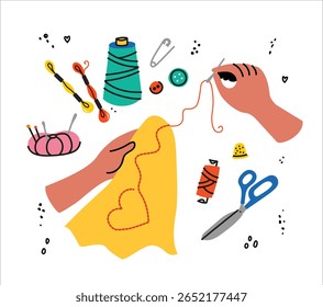 Mãos envolvidas em bordados criativos. Representando um hobby de artesanato onde as armas humanas criam bordados intrincados. Possui ferramentas artesanais essenciais.