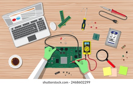 Manos de ingeniero con multímetro digital comprobar placa de circuito electrónico de ordenador. Hardware de PC. Componentes para ordenador personal. Servicio, recuperacion, Garantía, arreglo. Ilustración vectorial en estilo plano