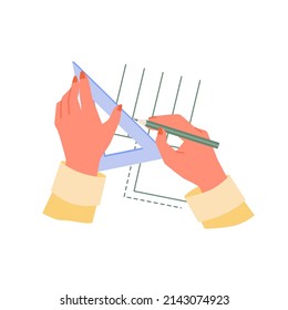 Hands of engineer working on blueprint vector illustration. Cartoon architect or project designer drawing technical scheme with pencil and ruler isolated on white. Architecture, construction concept