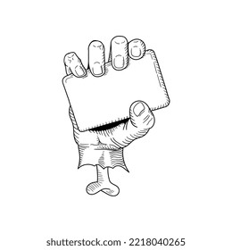 hands in engraving style with a business card