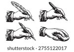 Hands in engraving style holding pen, ballpoint pen, fountain pen and computer mouse