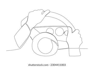 Hands enjoy driving a car. Dia do motorista one-line drawing