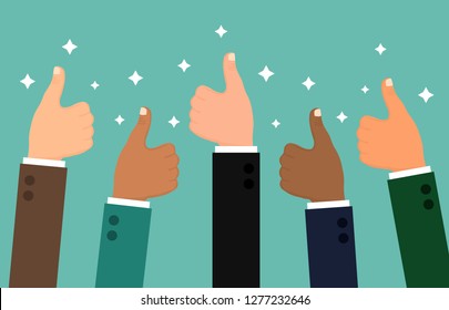 Hands of ethnic group people with thumb up feedback. Vector illustration. Flat design for business financial marketing banking advertising web concept cartoon illustration.