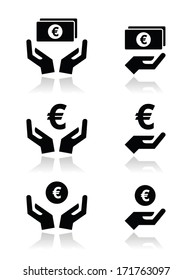 Hands with euro banknote, coin vector icons set 