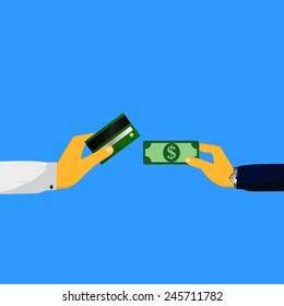 Hands exchange payment or money in the bank card business concept vector illustration