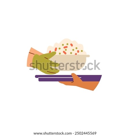 Hands exchanging a bowl of food. Vector illustration showing one hand in a green glove passing a bowl of rice and vegetables to another hand holding a purple tray. Concept of food sharing