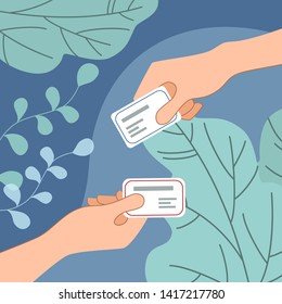 Hands exchanging business cards. Vector illustration. 