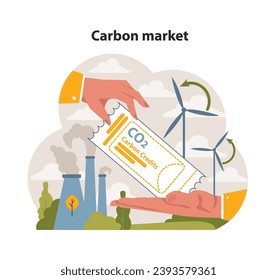 Hands exchanging a carbon credit amidst a juxtaposition of industrial fumes and clean wind turbines. Trade in the carbon market for a cleaner world. Flat vector illustration.