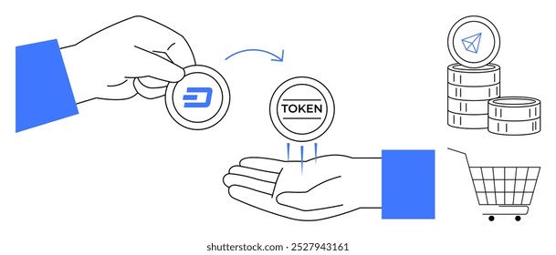 Manos intercambiando fichas digitales Bitcoin Ethereum entre Elementos azules con Carrito de compras y pila de monedas en el lado. Ideal para criptomonedas, transacciones digitales, blockchain, comercio electrónico