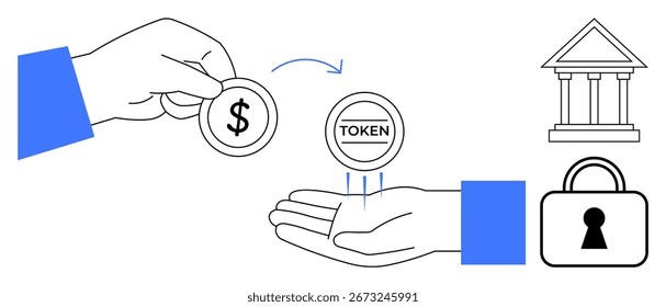 Manos intercambiando una moneda de dólar por un edificio de banco de fichas e iconos de candado. Ideal para finanzas, banca, moneda digital, transacciones, seguridad, inversiones, fintech. Metáfora de línea