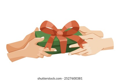 Hands exchanging a green gift box with a red ribbon. Vector illustration