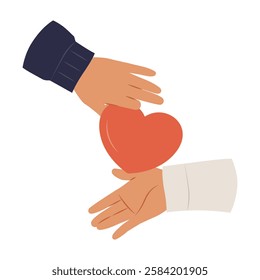 Hands Exchanging Heart Symbolizing Love, Care, And Generosity, Flat Vector Illustration Representing Kindness, Support, And Compassion, Isolated On White Background