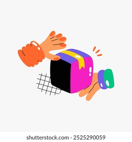 Hands exchanging package in flat vector illustration symbolizing product delivery, order fulfillment, and logistics, isolated on white background