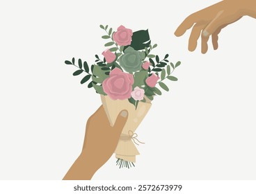 Hands Exchanging Romantic and eco-friendly Rose Bouquet. Sustainable valentine's day concept. Mother day, birthday or wedding. Eco-conscious love. Ecological flowers. Flat style. Vector illustration