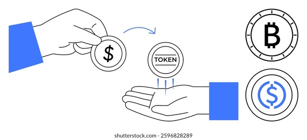 Hands exchanging tokens with dollar and bitcoin symbols, emphasizing cryptocurrency trading. Ideal for finance, investment, blockchain technology, digital transactions, online banking, fintech