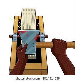 Hands of executioner sharpen ax on grindstone pop art retro vector illustration. Isolated image on white background. Comic book style imitation.