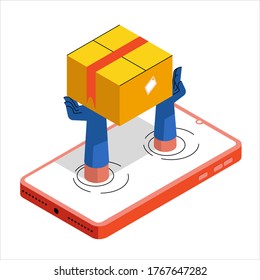 Hands extend the box from the mobile phone screen. Contactless delivery of goods from the online store.