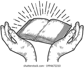 Hands extol the book. Sketch scratch board imitation coloring.