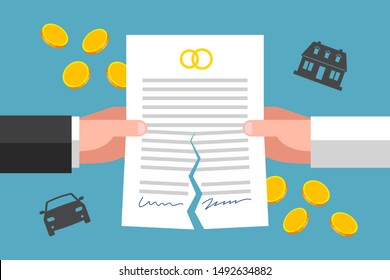 Hands of ex-wife and ex-husband are tearing prenuptial agreement, gold coins and silhouettes of house and car are around. Financial implications of divorcement. Legal side of family breakdown