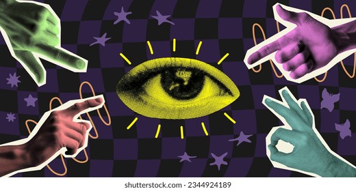 hands and eye isolated set collage elements for mixed media design in halftone texture vintage dotted pop art style retro grunge punk crazy templates