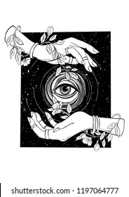 Hands and eyes with flowers. Vector hand drawn inked illustration isolated on white background. T-Shirt Design and Printing, clothes, bags, posters, invitations, cards, tattoo etc.