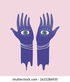 Hands with eyes meditation mysticism or astrological symmetry hand drawn design. Prediction and prophecy, eyes on hands watching future secrets. Silhouette arms with eyeballs illustration.