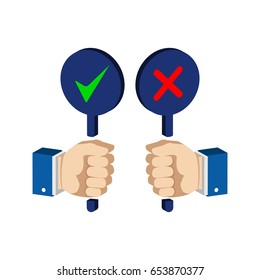 Hands with false and true signs. Flat Isometric Icon or Logo. 3D Style Pictogram for Web Design, UI, Mobile App, Infographic. Vector Illustration on white background.
