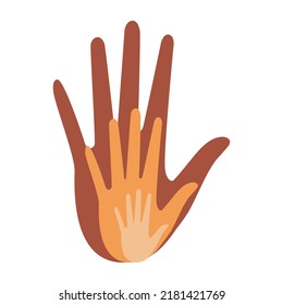 The hands of a family of parents and a child are located on a white background. Loving hands together. Vector.