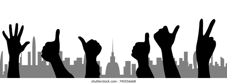  hands fan and city background