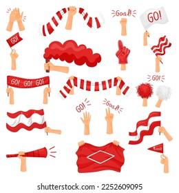 Hands of Fan with Sport Attributes Like Flags and Scarf Big Vector Set