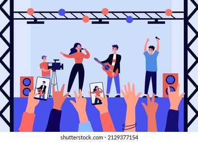 Hands of fans filming performance of music band on stage. Woman singing, man playing guitar flat vector illustration. Event, music, entertainment concept for banner, website design or landing web page