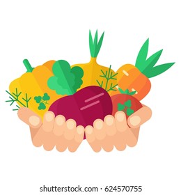 Hands of farmer with crop. Handful of vegetables. Men hands hold onions, peppers, potatoes, beets, tomatoes. Flat vector cartoon illustration. Objects isolated on a white background.