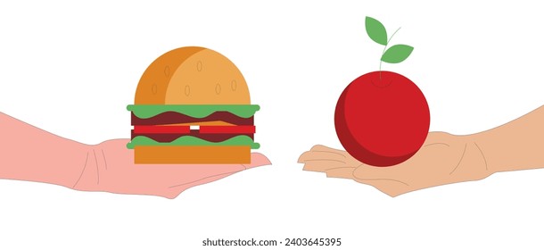 Hands with fast food and organic products. Diet, nutrition, fitness and weight loss or overweight and fat. Greasy cholesterol vs. vitamins from fruits vegetables. Food choice. Flat vector illustration