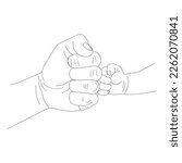 hands of father and child in fist, concept of power of two generations, fist of father and son, illustration for father's day