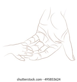 Hands of father and son. Line drawing.