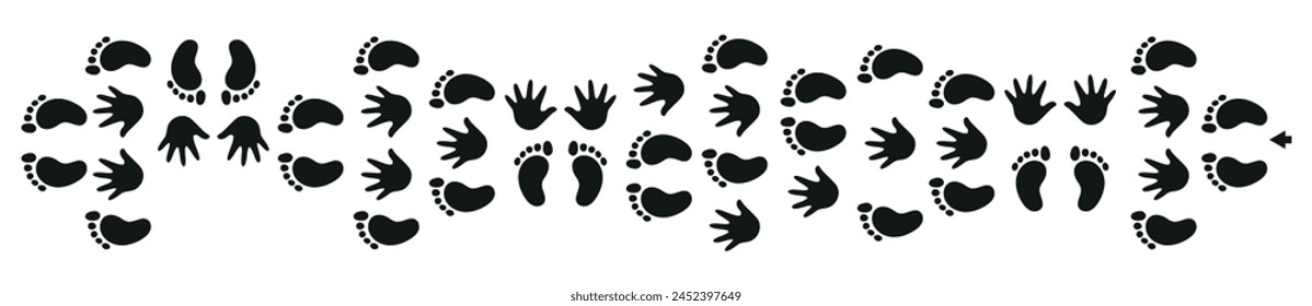 Hands and feet hopscotch game. Background of hand and footprint. Activity floor game. Fun active game for fun time. Black and white footprints