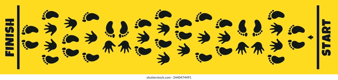 Hands and feet hopscotch game. Yellow background with multitude of footprints. Activity floor game. Hand and footprint. Game elements for fun active. Fun active game with start and finish