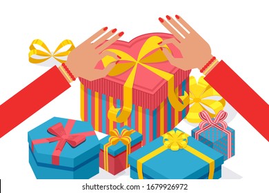 Hands of female character opening gift, isometric vector illustration. Hands of woman packed gift with ribbon. Christmas present, souvenir, design for lovely person poster, website banner.