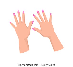 Hands with feminine pink manicure with rhinestones. Female palms with long neat nails isolated cartoon flat vector illustrations on white background.